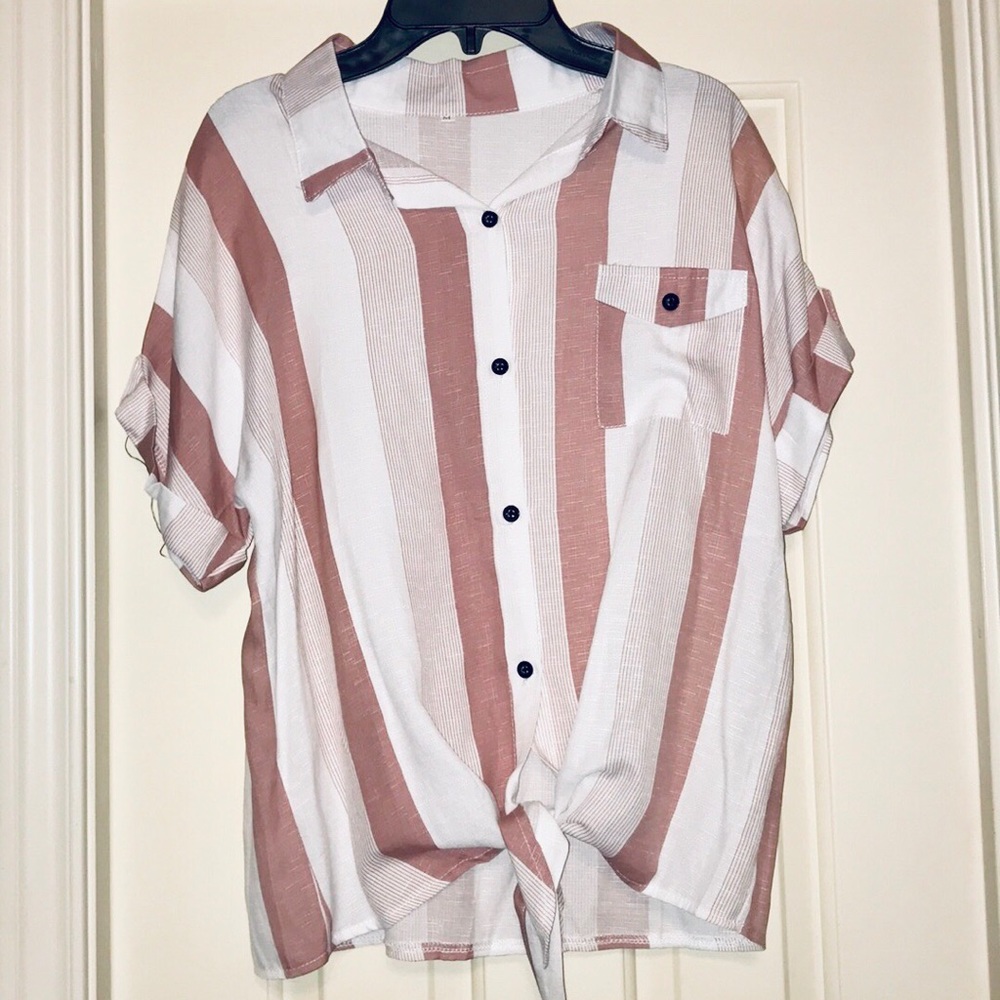 Boho Pink and White Button Front Blouse Sz Medium